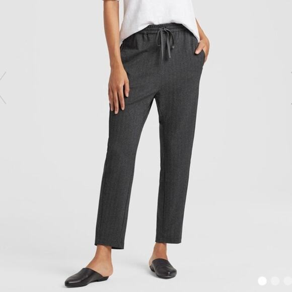 Eileen Fisher Herringbone Slouchy Pull On Drawstring Pants - Gray - Small - Picture 2 of 8